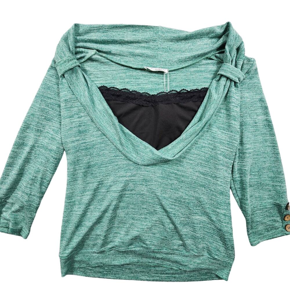 Rosegal Cowl Neck Blouse 3/4 Sleeve Black Inset Bodice Womens Size 1X Green